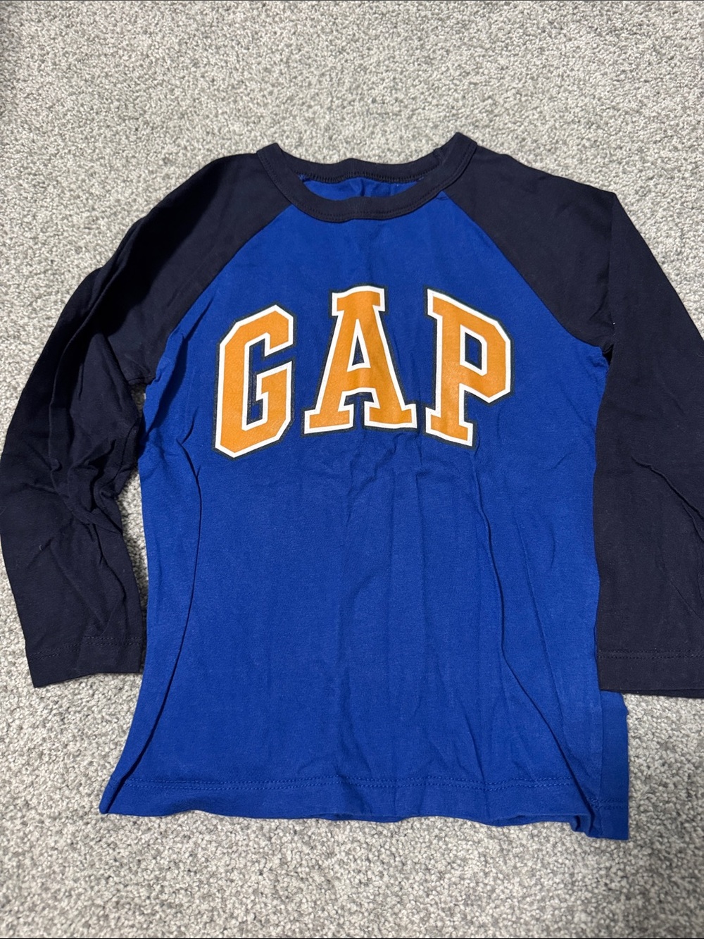 GAP Blue and Navy Raglan Long Sleeve Tee with Gold Logo